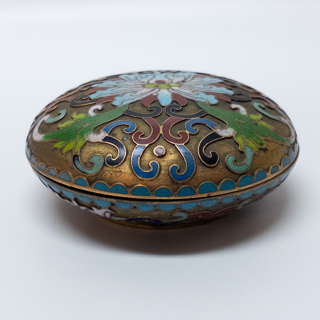 Lidded Chinese Cloisonné Champlevé Enamel Domed Trinket Box