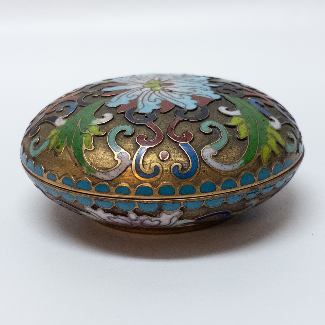 Lidded Chinese Cloisonné Champlevé Enamel Domed Trinket Box