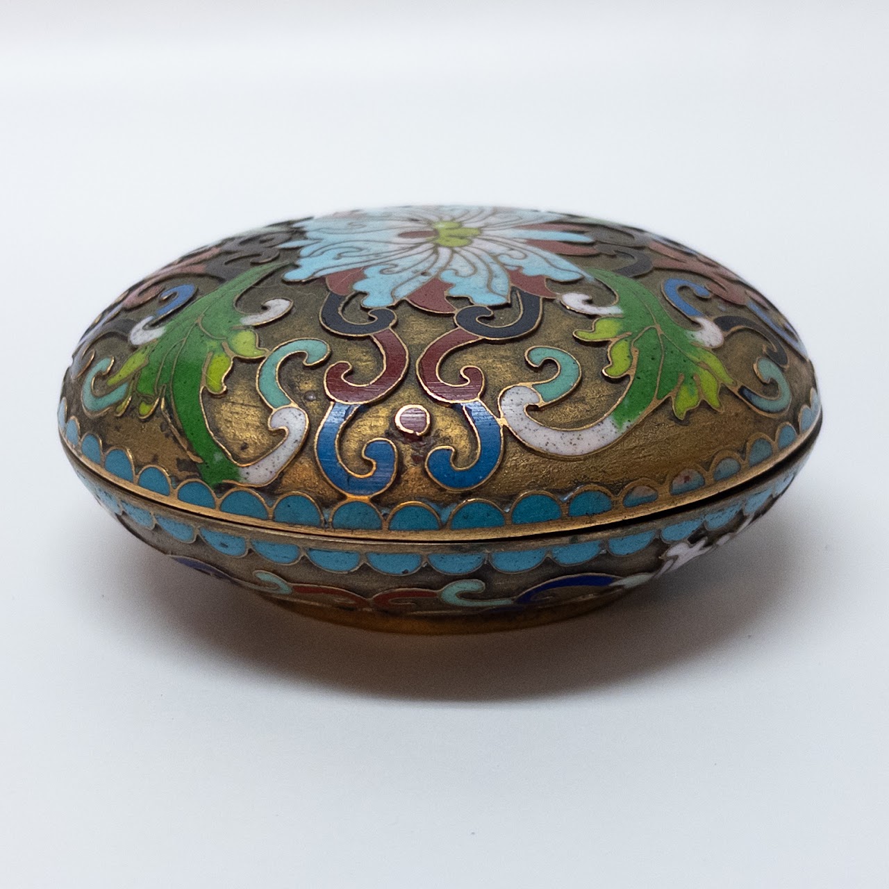 Lidded Chinese Cloisonné Champlevé Enamel Domed Trinket Box