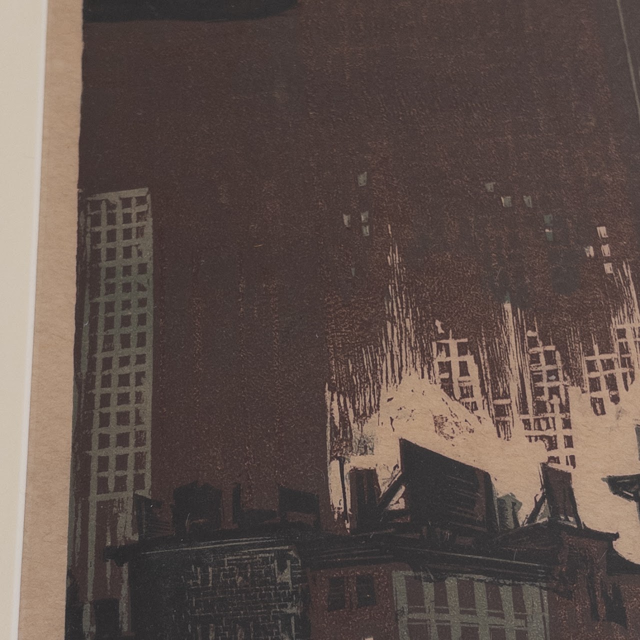 Hand Alexander Mueller Signed Nighttime Cityscape Woodcut