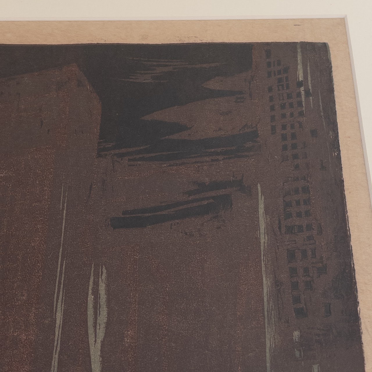 Hand Alexander Mueller Signed Nighttime Cityscape Woodcut