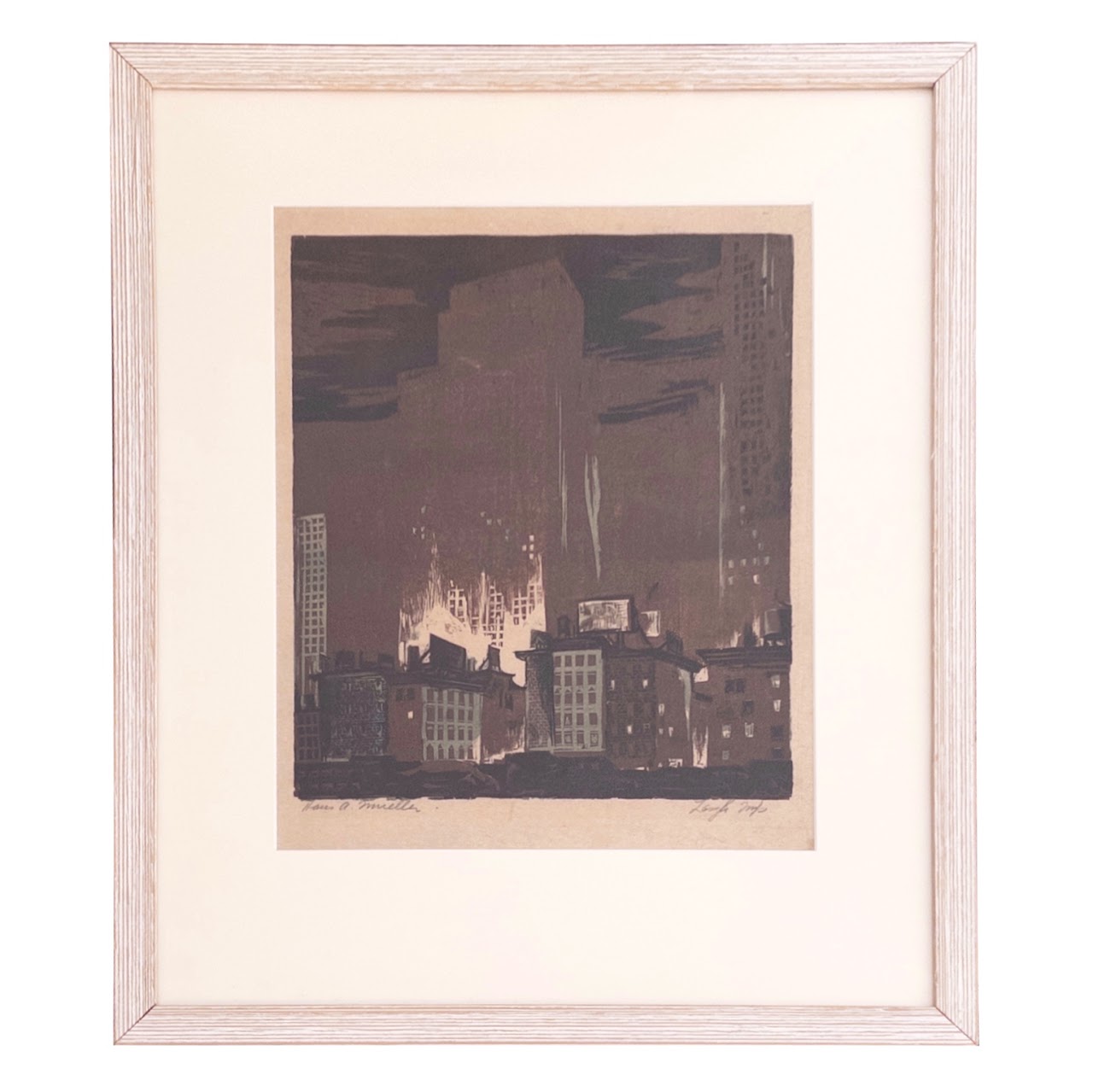 Hand Alexander Mueller Signed Nighttime Cityscape Woodcut