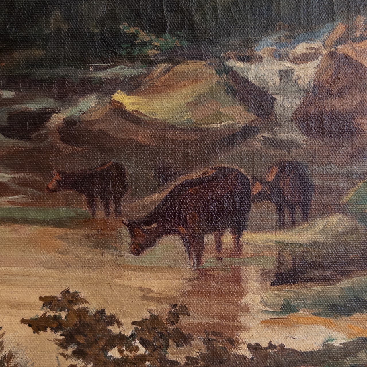 Signed Quiet Valley Pastoral Scene Oil Painting