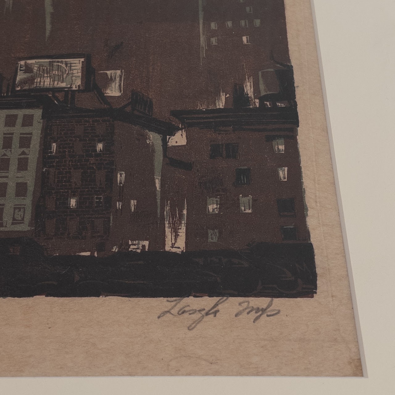 Hand Alexander Mueller Signed Nighttime Cityscape Woodcut