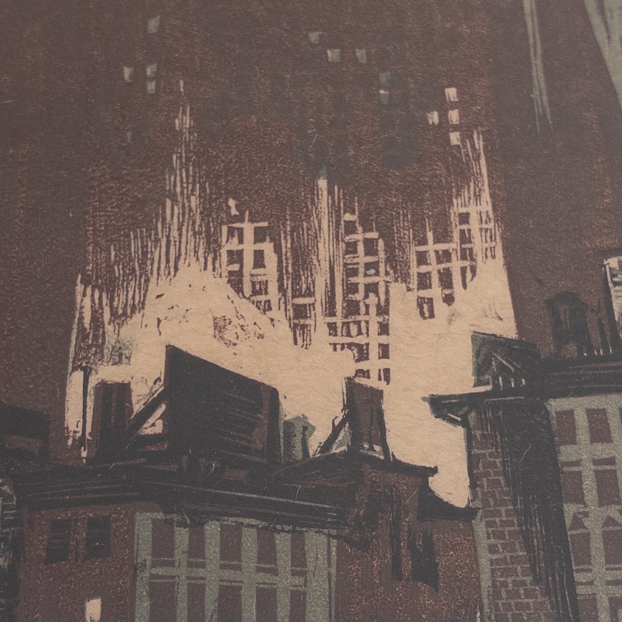 Hand Alexander Mueller Signed Nighttime Cityscape Woodcut