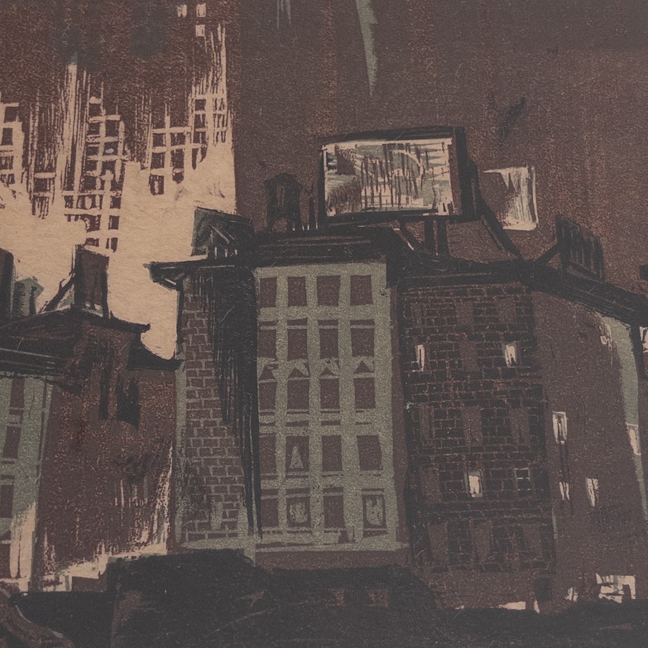 Hand Alexander Mueller Signed Nighttime Cityscape Woodcut