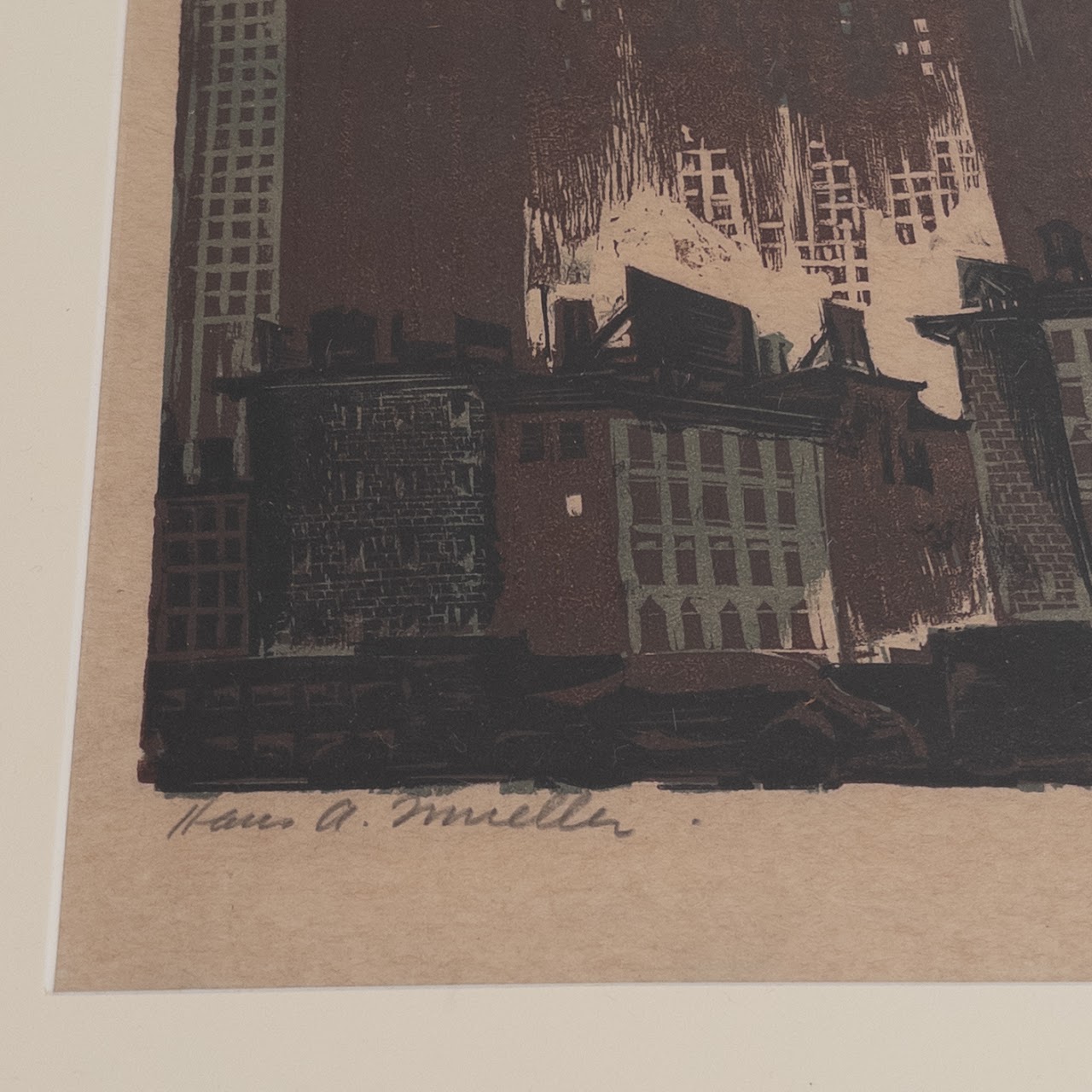 Hand Alexander Mueller Signed Nighttime Cityscape Woodcut