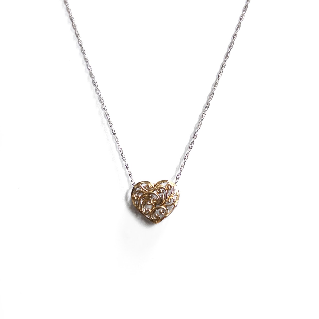 10K Bi-Color Gold Openwork Heart Pendant Necklace