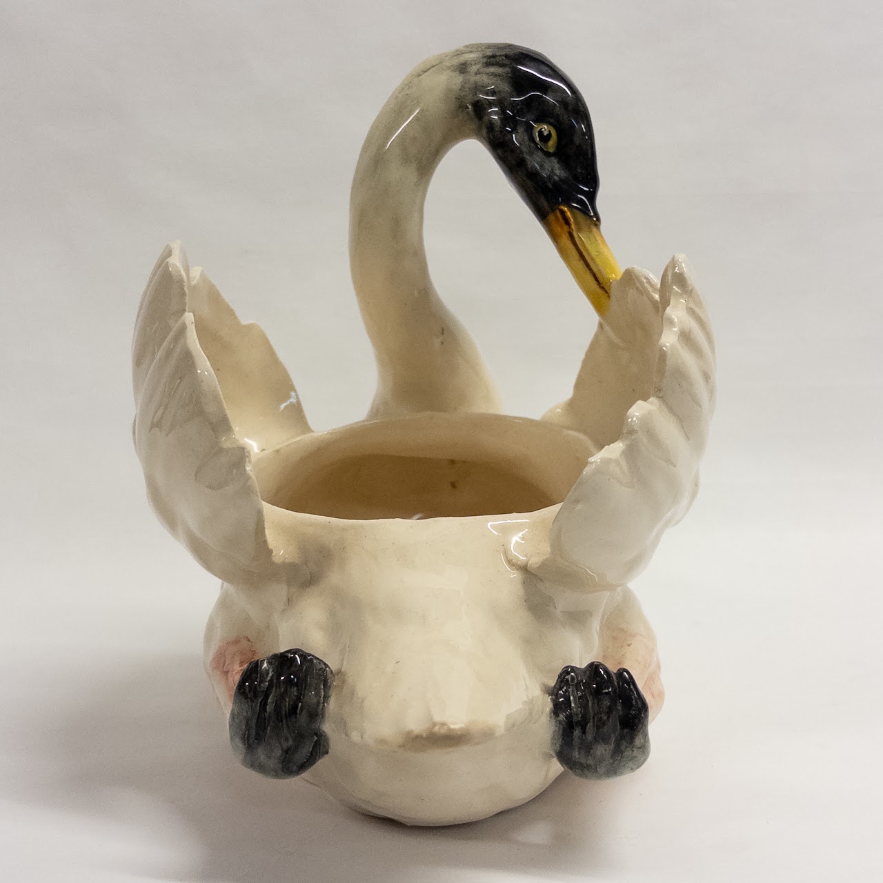 Vintage Signed Ceramic White and Black Swan Planter