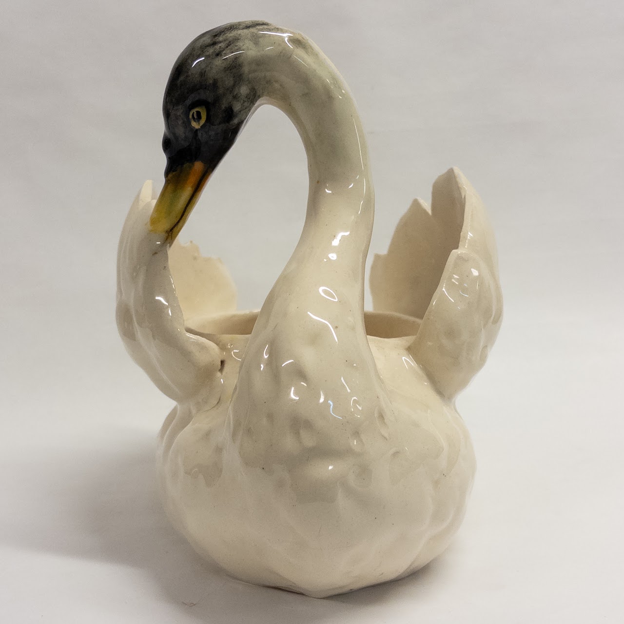 Vintage Signed Ceramic White and Black Swan Planter