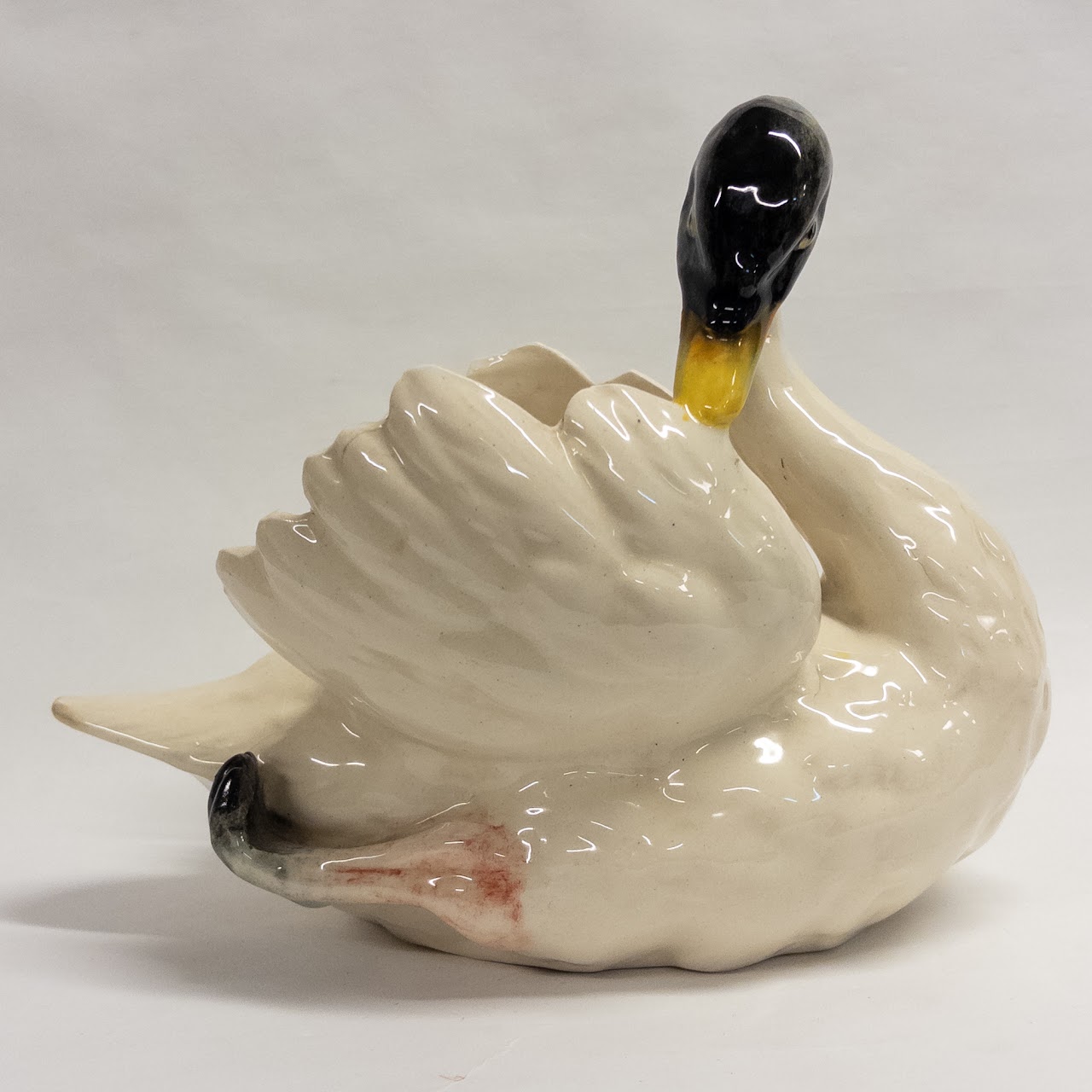 Vintage Signed Ceramic White and Black Swan Planter