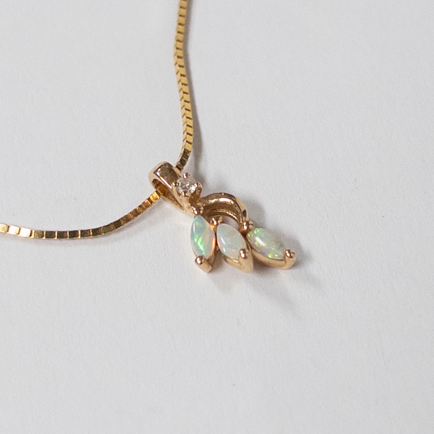 14K Gold, Opal & Diamond Pendant Necklace