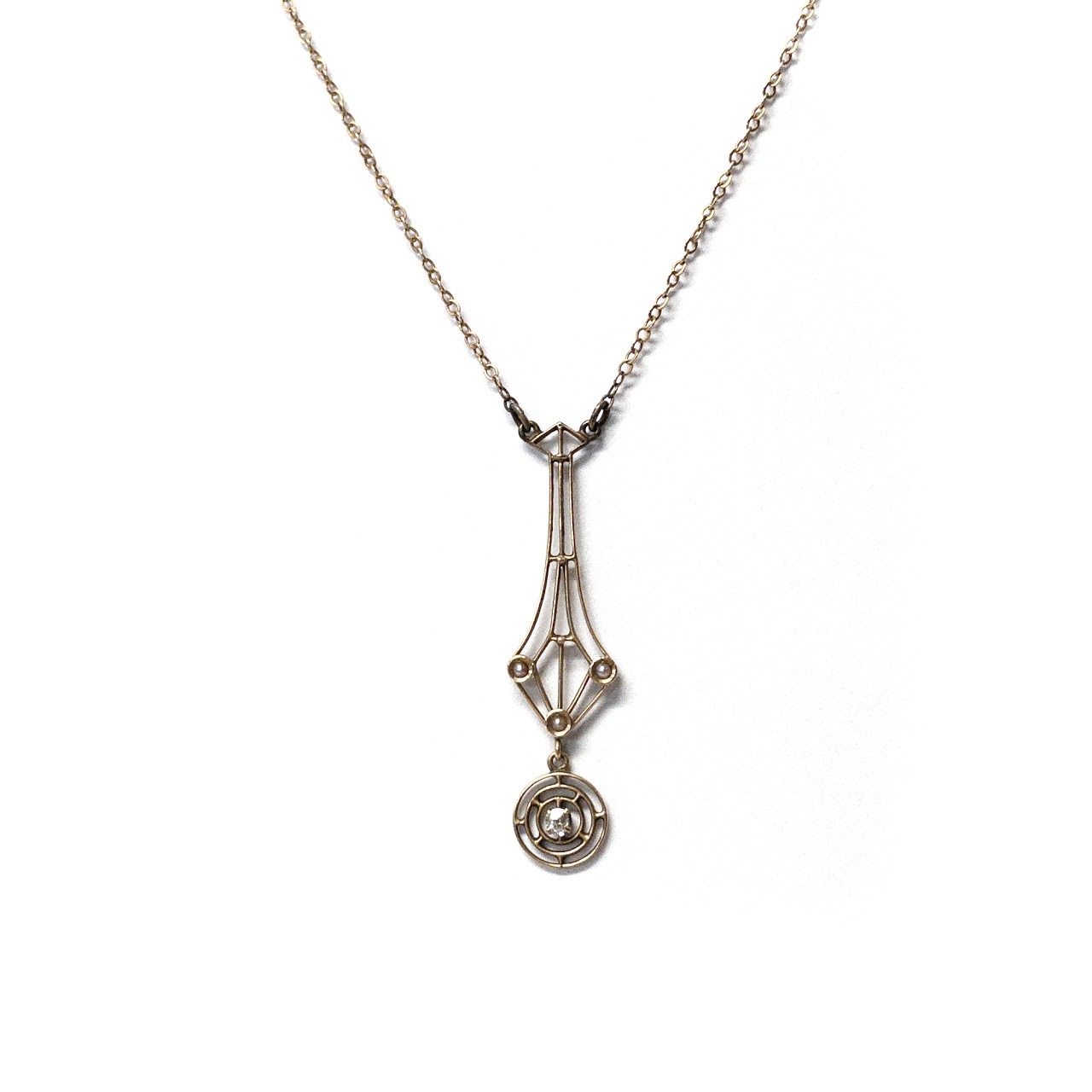 14K Gold, Diamond & Pearl Pendant Necklace