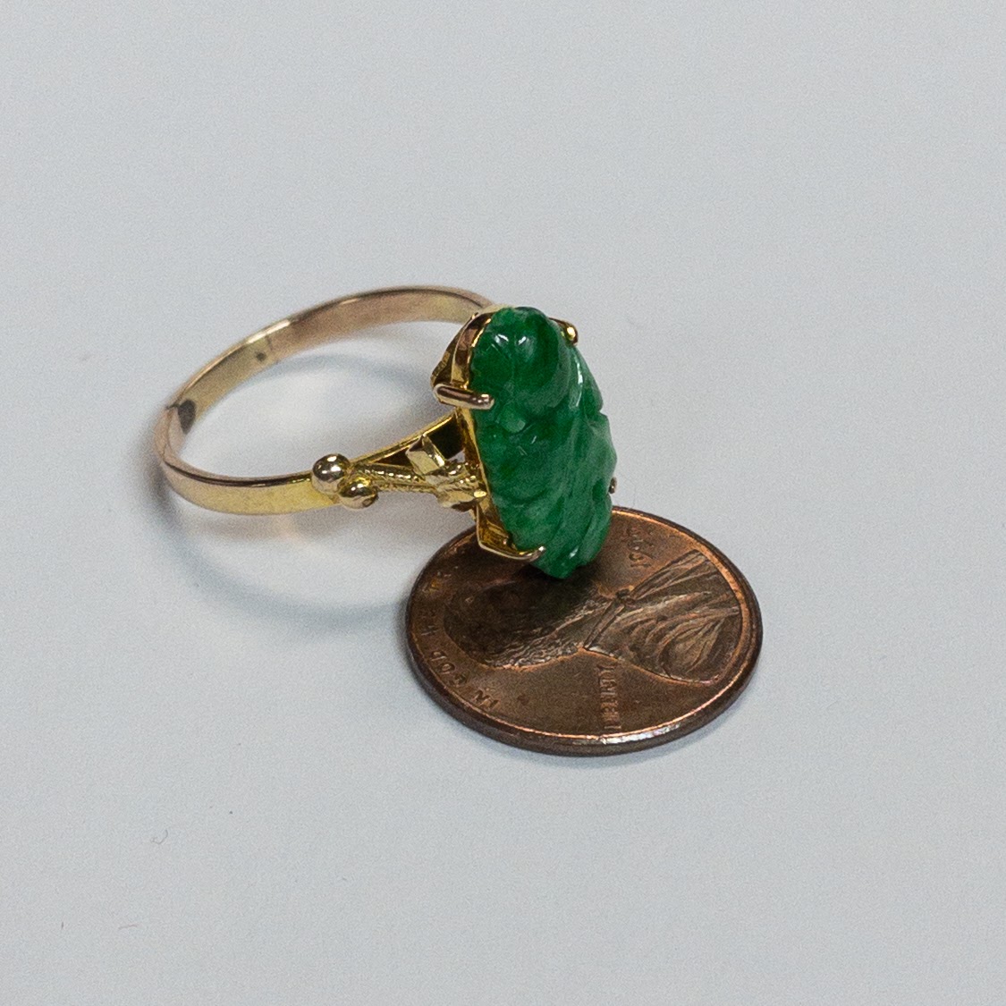 14K Gold and Carved Green Stone Ring