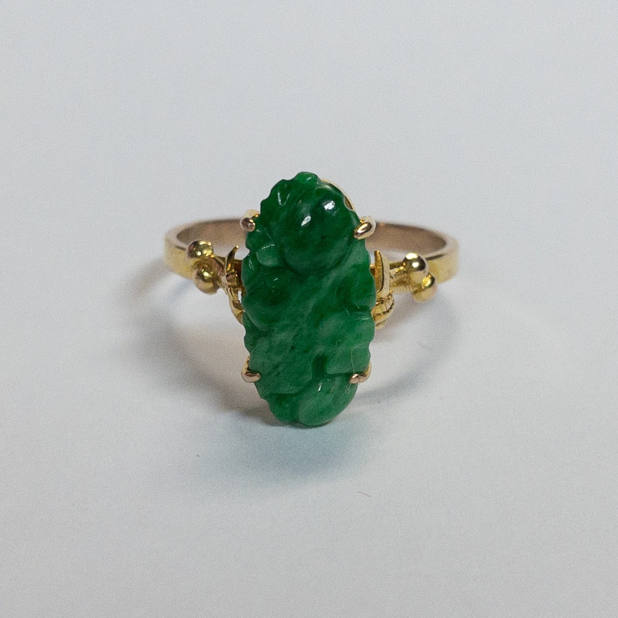 14K Gold and Carved Green Stone Ring