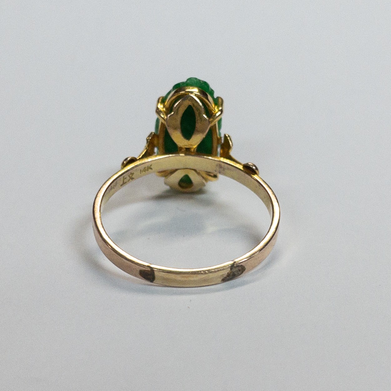 14K Gold and Carved Green Stone Ring