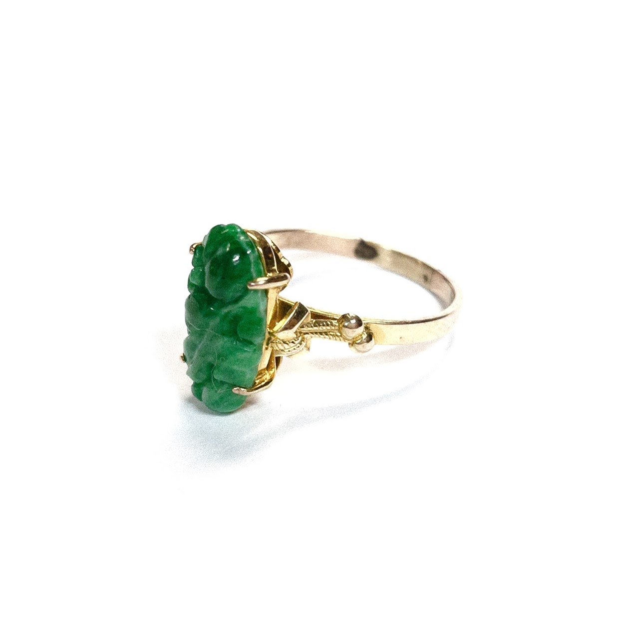 14K Gold and Carved Green Stone Ring