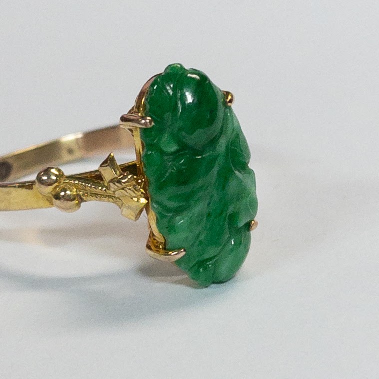 14K Gold and Carved Green Stone Ring