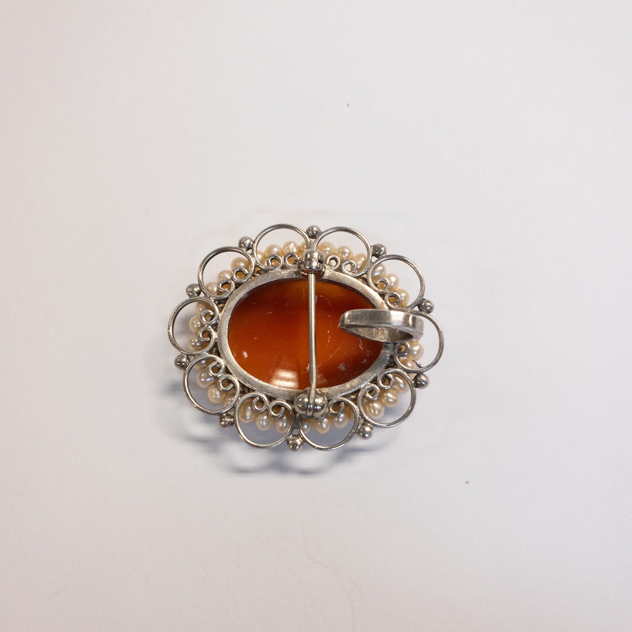 Sterling Silver and Seed Pearl Shell Cameo Convertible Brooch