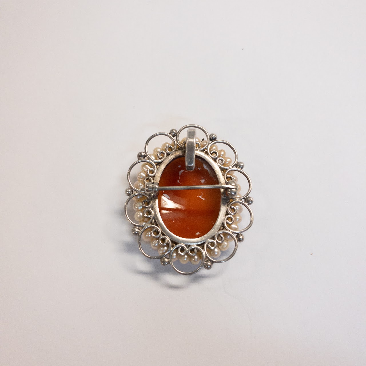 Sterling Silver and Seed Pearl Shell Cameo Convertible Brooch