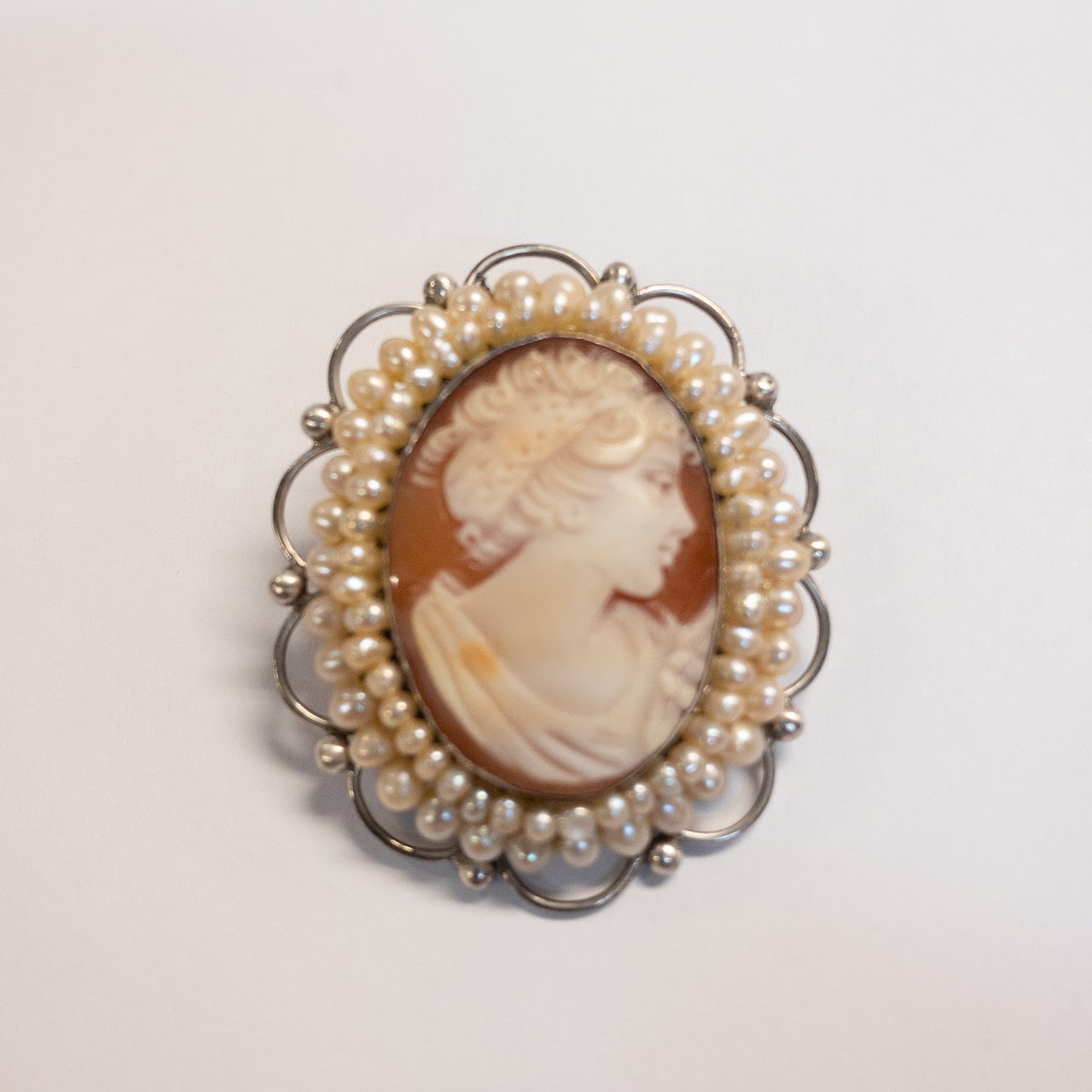 Sterling Silver and Seed Pearl Shell Cameo Convertible Brooch