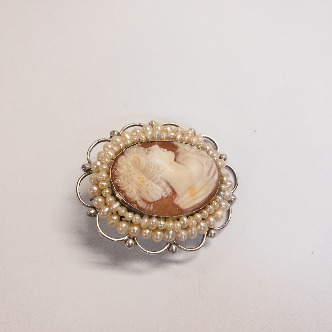 Sterling Silver and Seed Pearl Shell Cameo Convertible Brooch