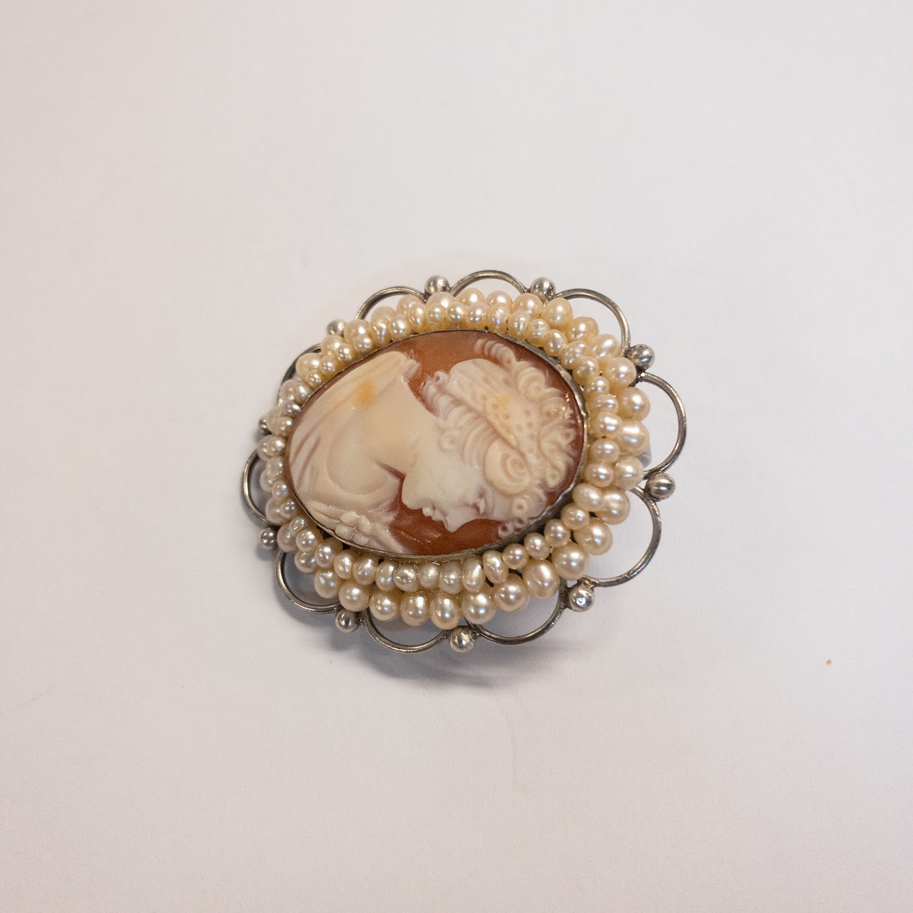 Sterling Silver and Seed Pearl Shell Cameo Convertible Brooch