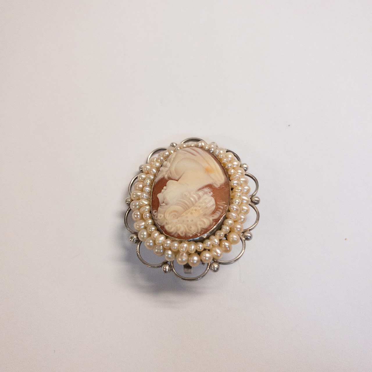 Sterling Silver and Seed Pearl Shell Cameo Convertible Brooch