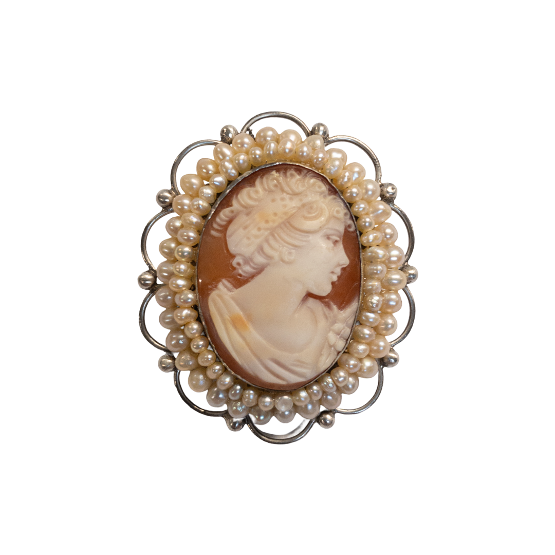 Sterling Silver and Seed Pearl Shell Cameo Convertible Brooch