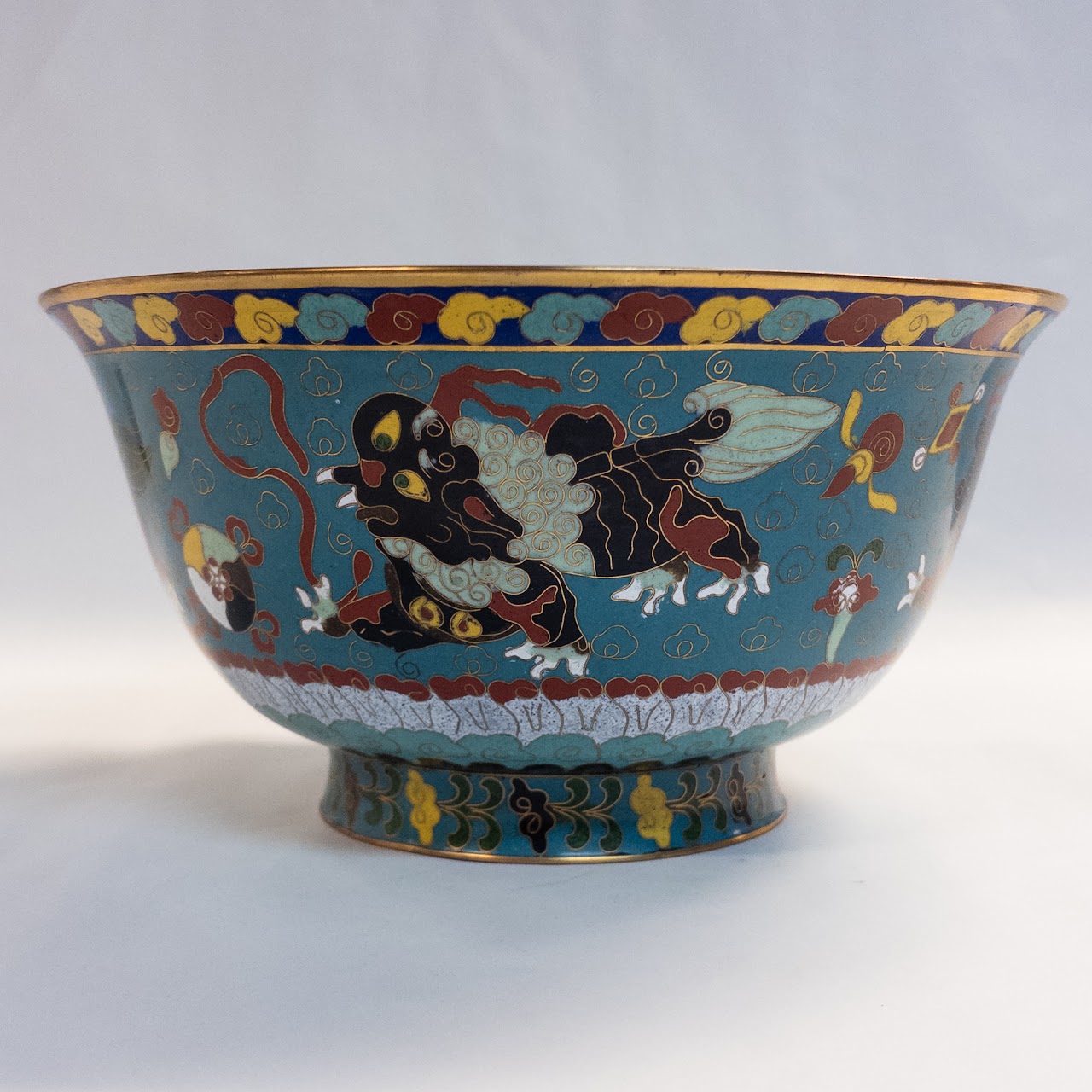 Antique Foo Dog and Lion Enamel Cloisonne Footed Bowl