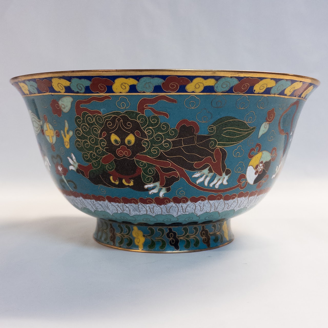 Antique Foo Dog and Lion Enamel Cloisonne Footed Bowl