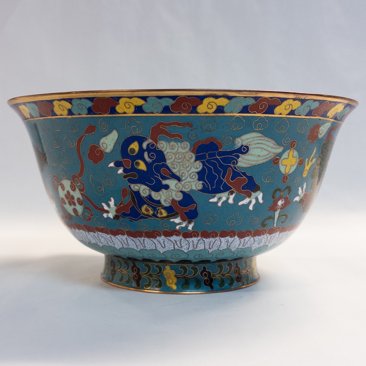 Antique Foo Dog and Lion Enamel Cloisonne Footed Bowl