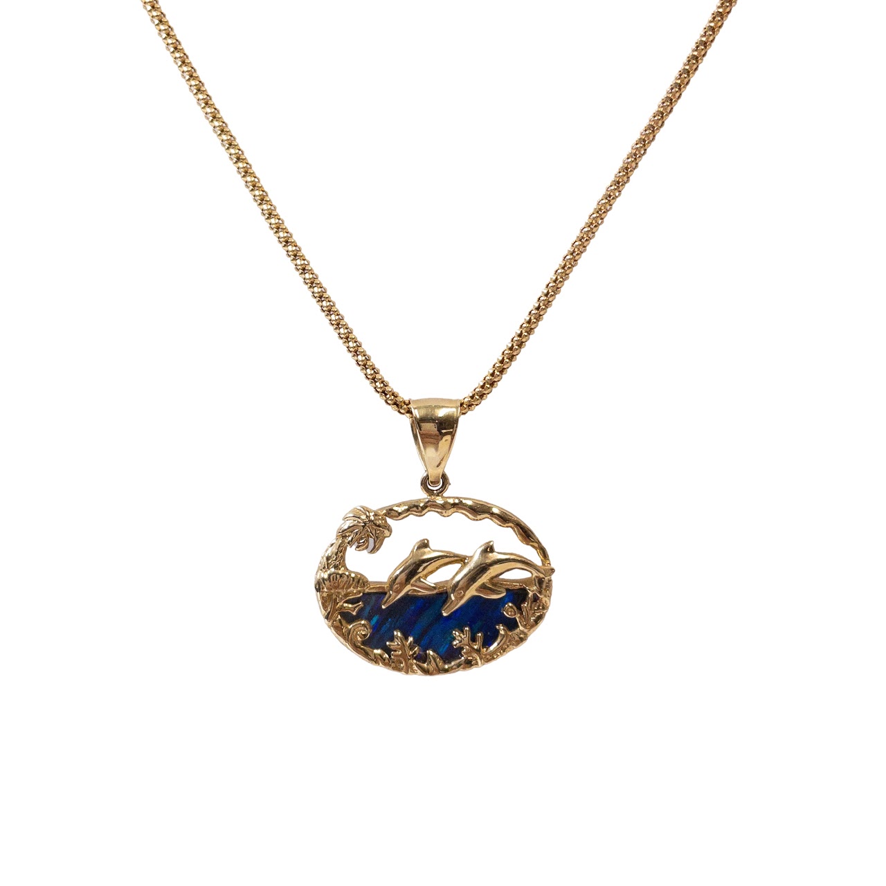 14K Gold & Art Glass Leaping Dolphin Pendant Necklace