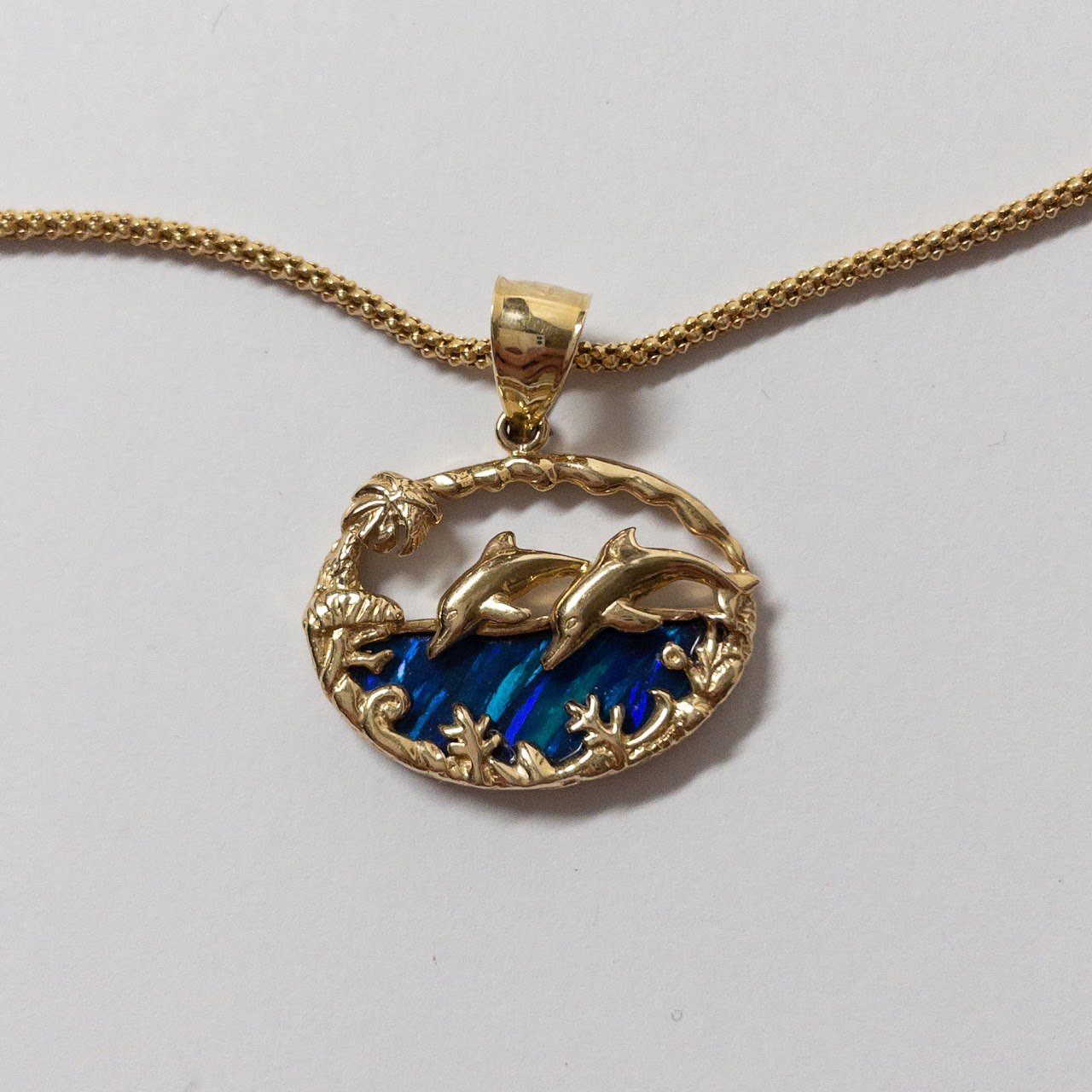 14K Gold & Art Glass Leaping Dolphin Pendant Necklace