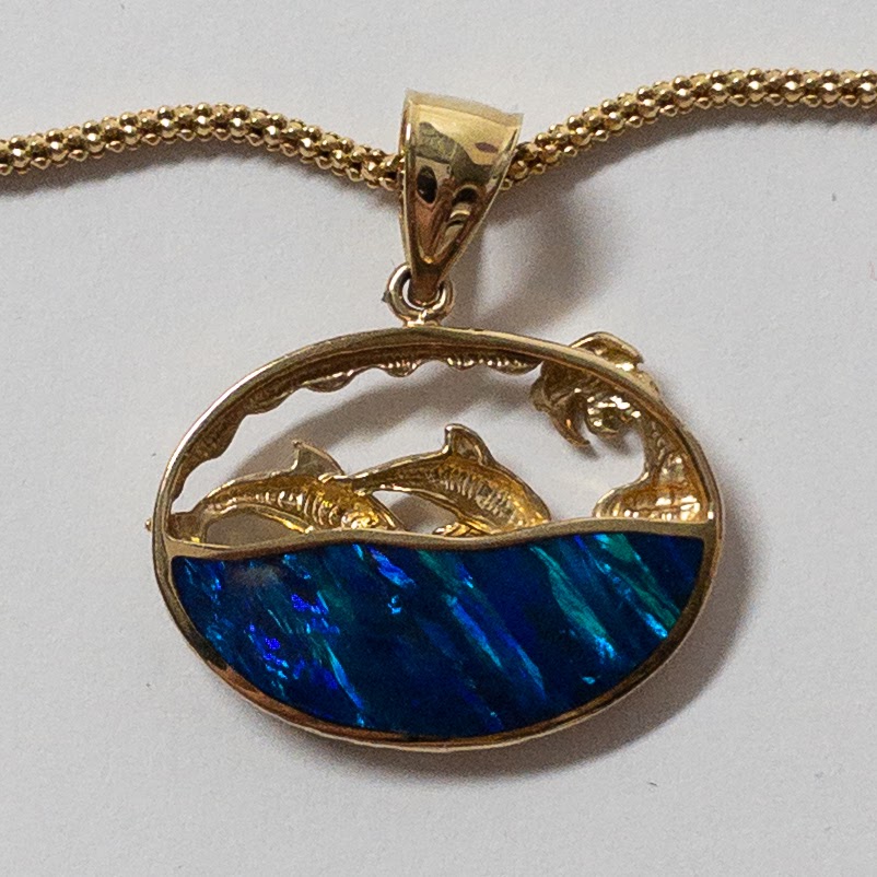 14K Gold & Art Glass Leaping Dolphin Pendant Necklace