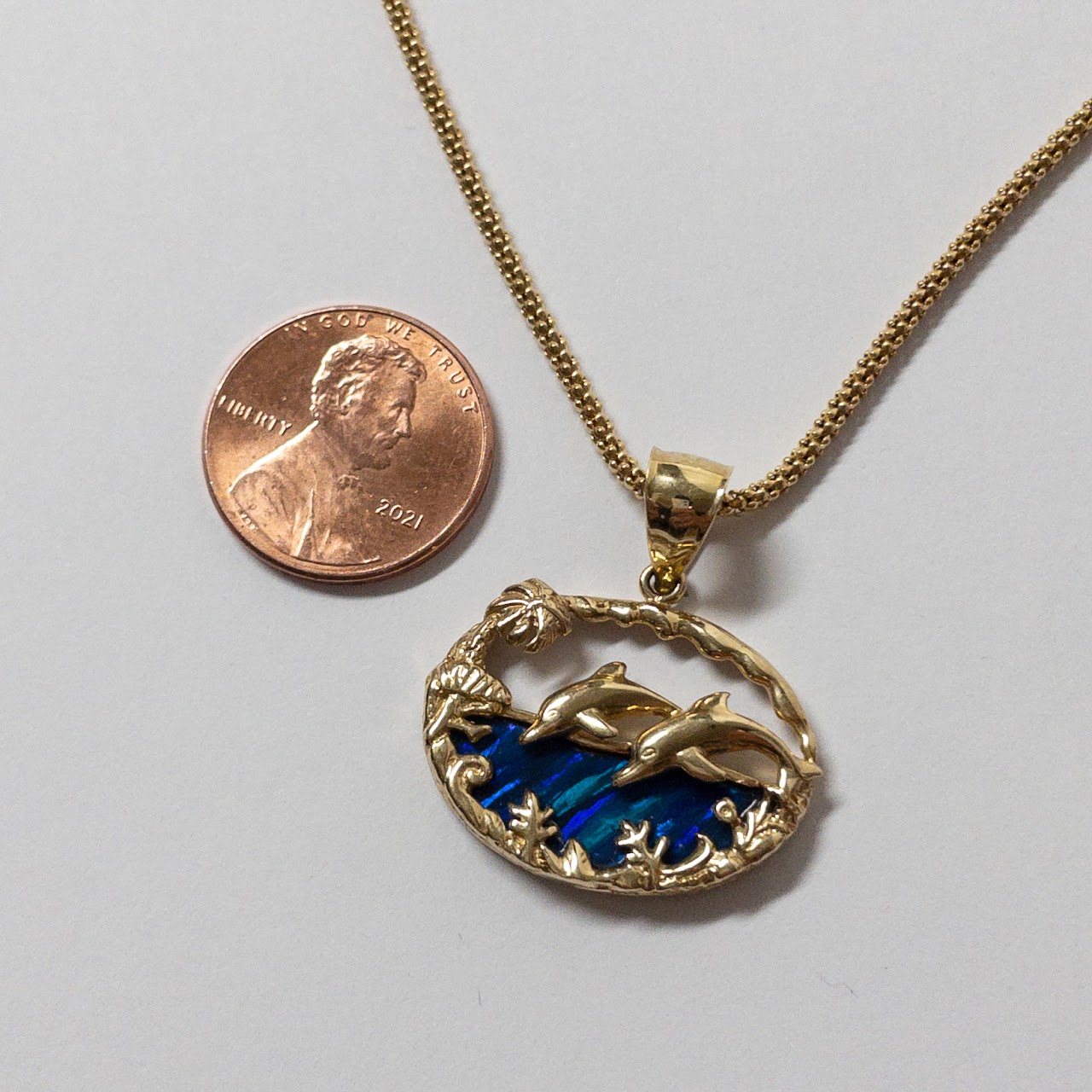 14K Gold & Art Glass Leaping Dolphin Pendant Necklace