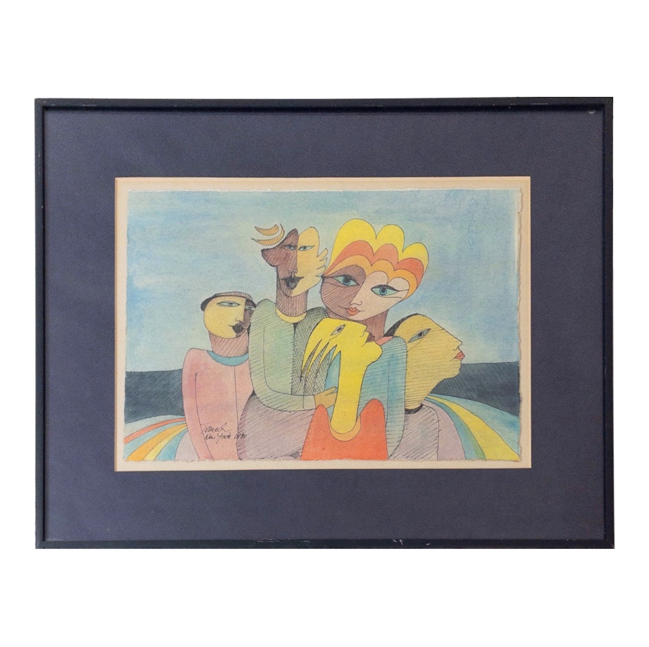 Gunther Temech Signed Mixed Media Cubist Painting