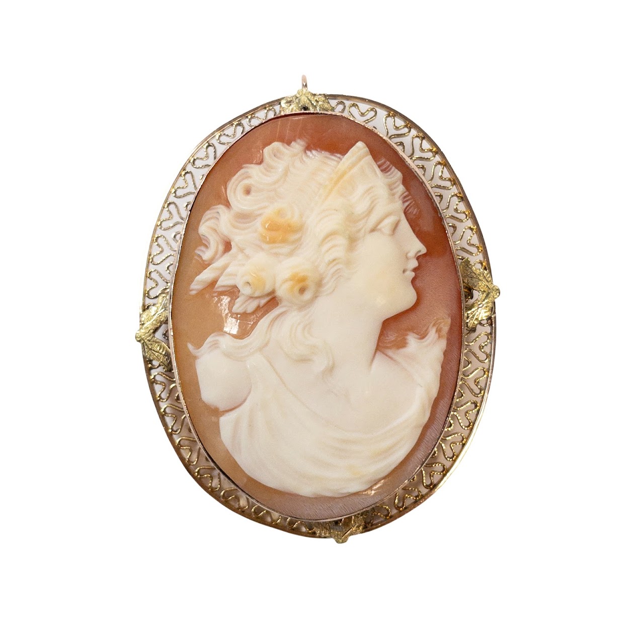 14K Gold & Shell Cameo Convertible Brooch  with Filigree Case