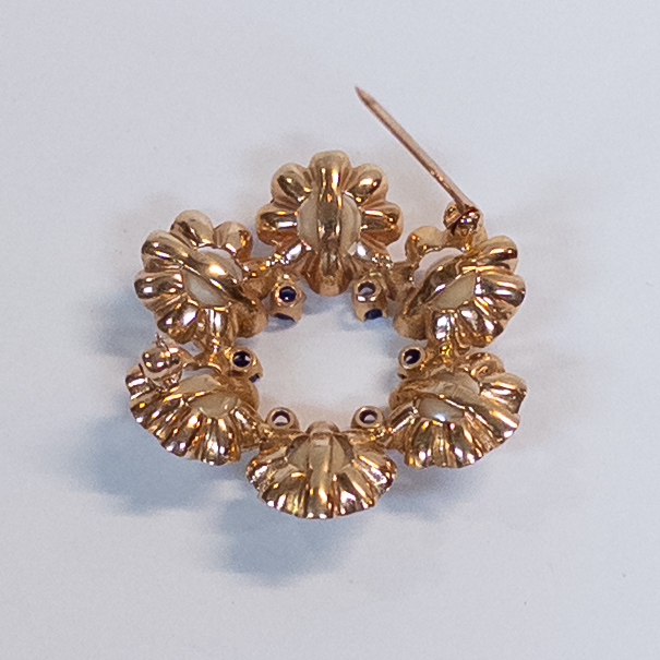 14K Gold Brooch with Pearls and Sapphires