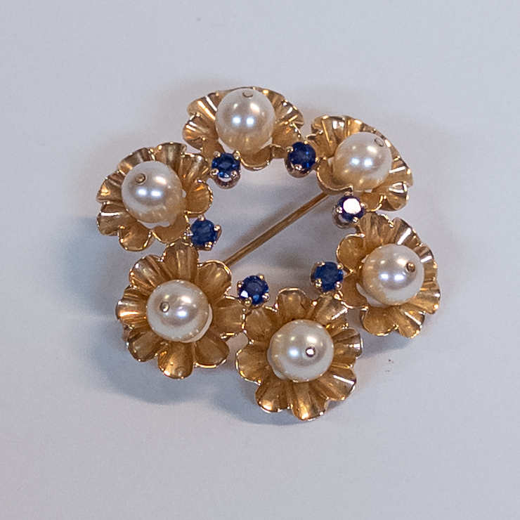 14K Gold Brooch with Pearls and Sapphires