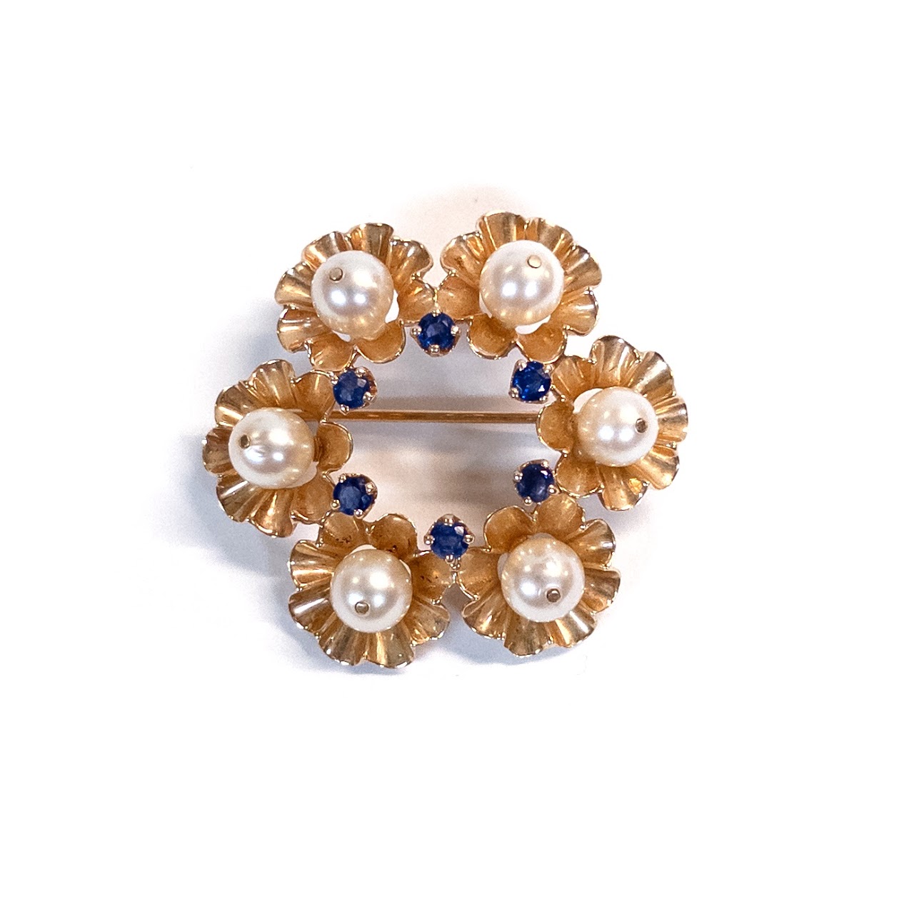 14K Gold Brooch with Pearls and Sapphires