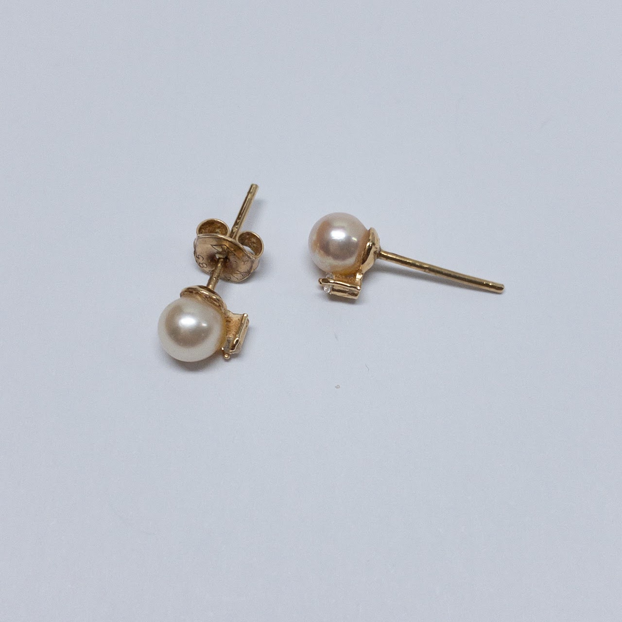 14K Gold Pearl and Clear Stone Earrings