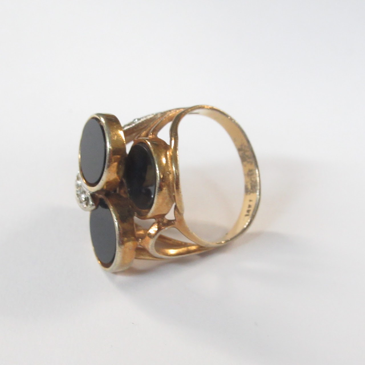 14K Gold, Obsidian, and Clear Stone Ring