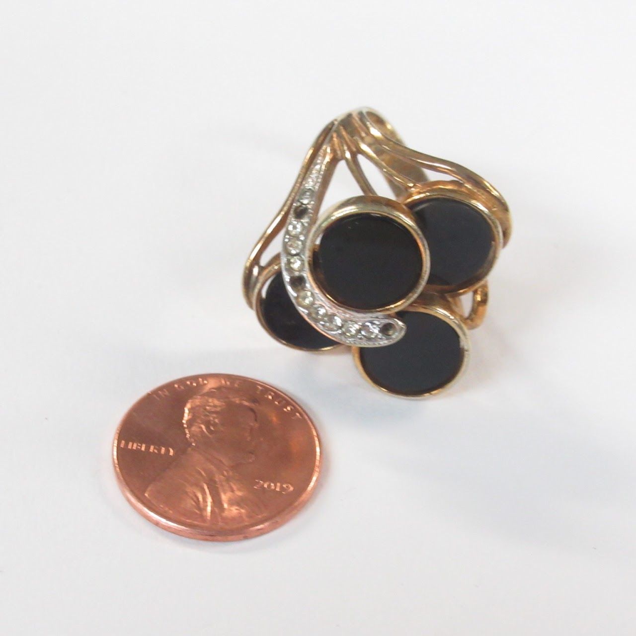 14K Gold, Obsidian, and Clear Stone Ring