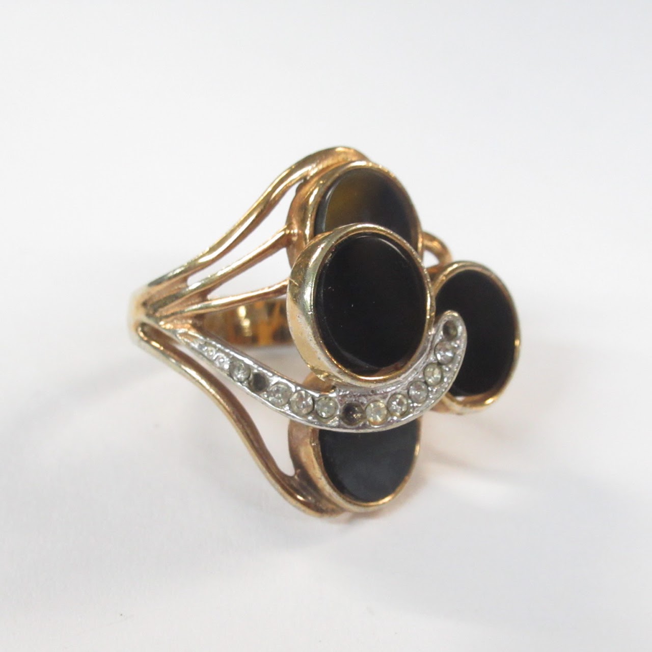 14K Gold, Obsidian, and Clear Stone Ring