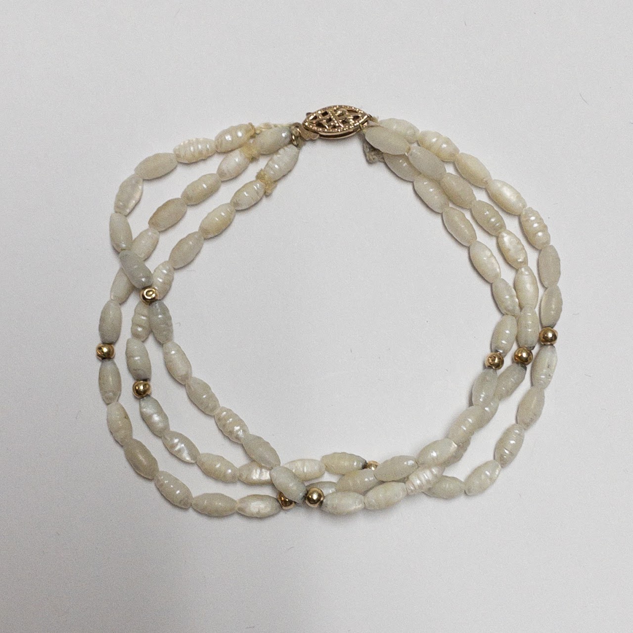 14K Gold Rice Pearl Triple Strand Bracelet  NEEDS REPAIR