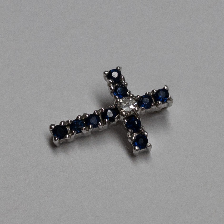 14K White, Diamond, and Sapphire Cross Pendant