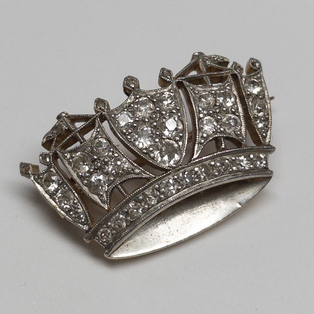 14K Gold and Diamond Crown Brooch