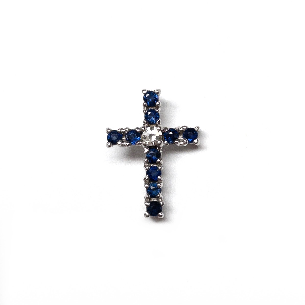 14K White, Diamond, and Sapphire Cross Pendant