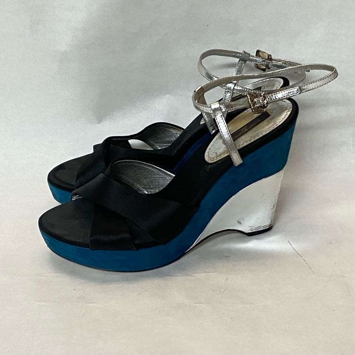 Louis Vuitton Black Satin Silver Leather Blue Suede Wedge Heels